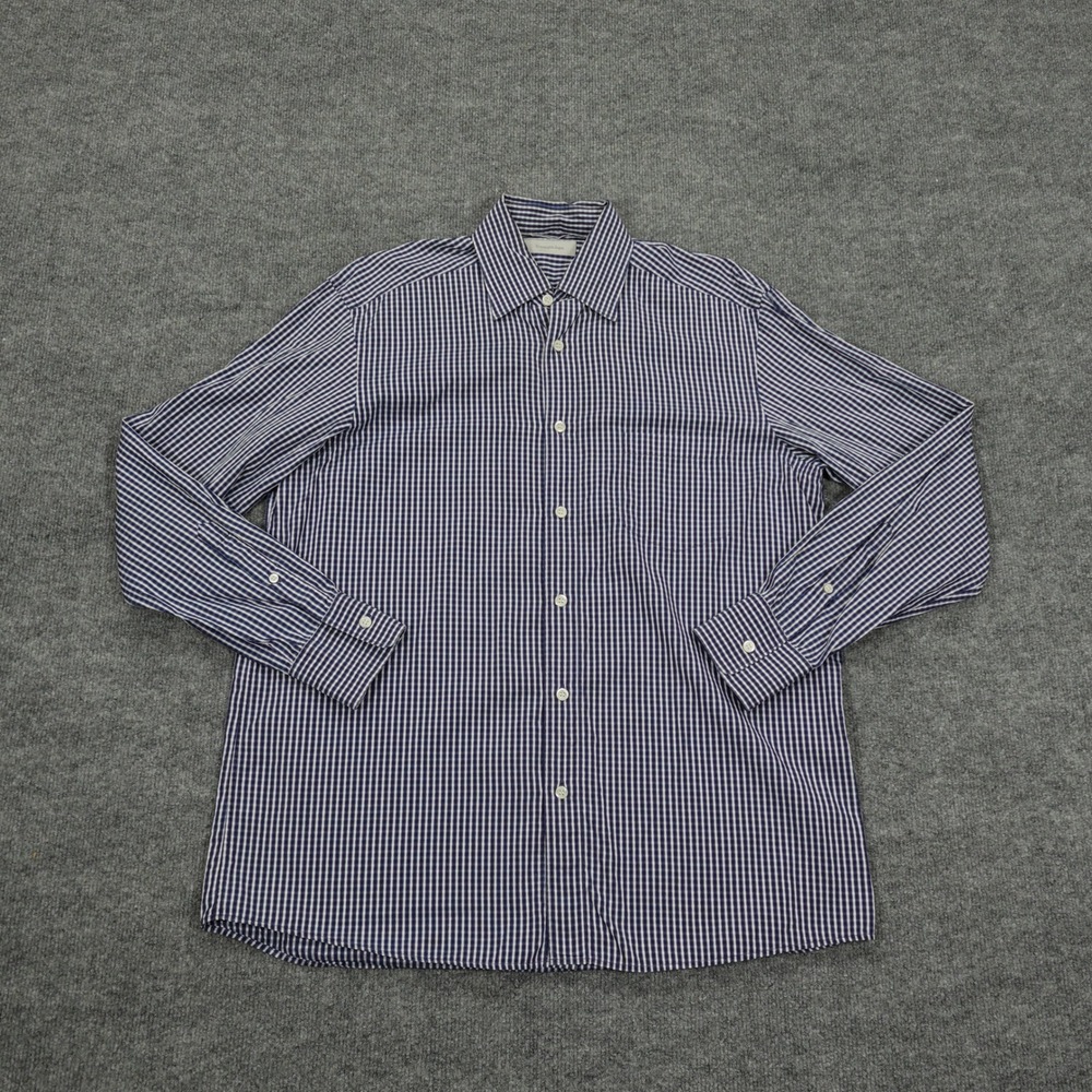 Ermenegildo Zegna Shirt Mens Large Blue White Micro Check Cotton Long Sleeve